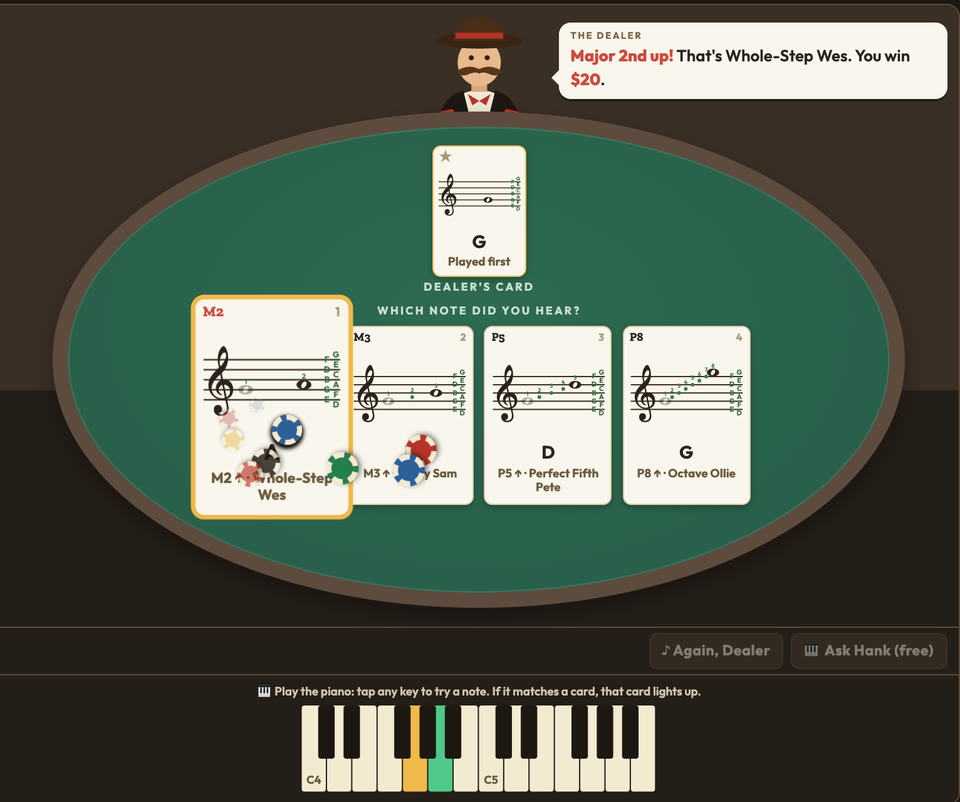 Earshot Saloon: the dealer's card and four note cards on a round saloon table