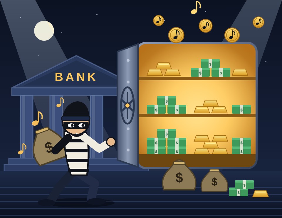 The Big Score: a masked burglar runs out of an open bank vault full of gold and cash while music coins pour out